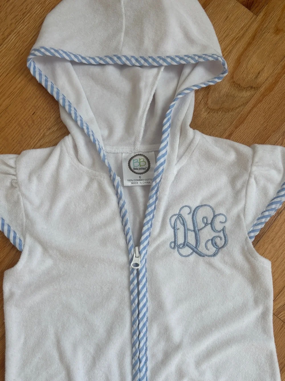 Etsy White Hooded Girls' Coverup Romper with Blue Trim